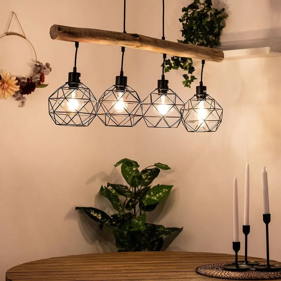 GLOBO LIGHTING Pendelleuchte, Retro-Stil, 4-fach E27, Holz und Metall, 85 cm