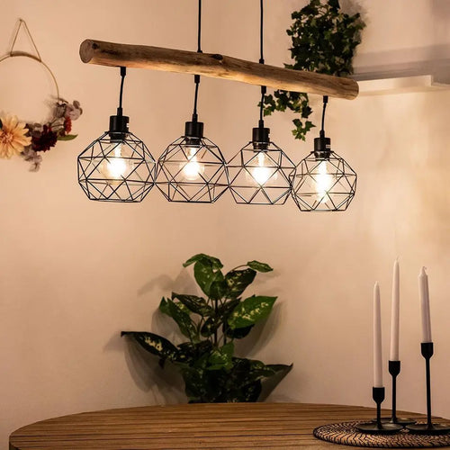 GLOBO LIGHTING Pendelleuchte, Retro-Stil, 4-fach E27, Holz und Metall, 85 cm