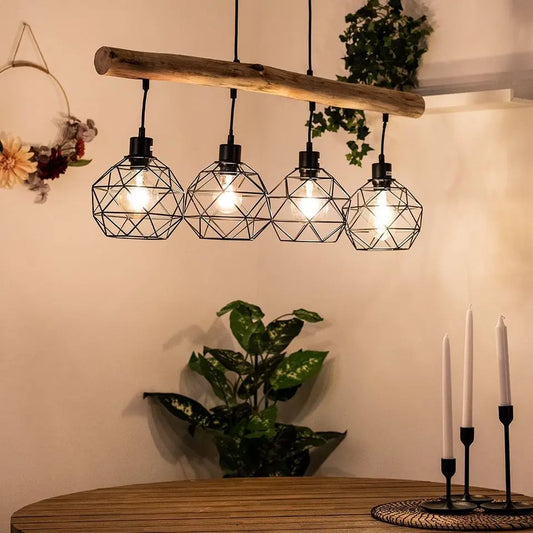 GLOBO LIGHTING Pendelleuchte, Retro-Stil, 4-fach E27, Holz und Metall, 85 cm