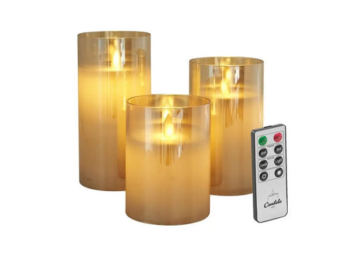 LC Home LED Kerzen Set 3er, Echtwachs mit Glas, Timer, Fernbedienung, dimmbar