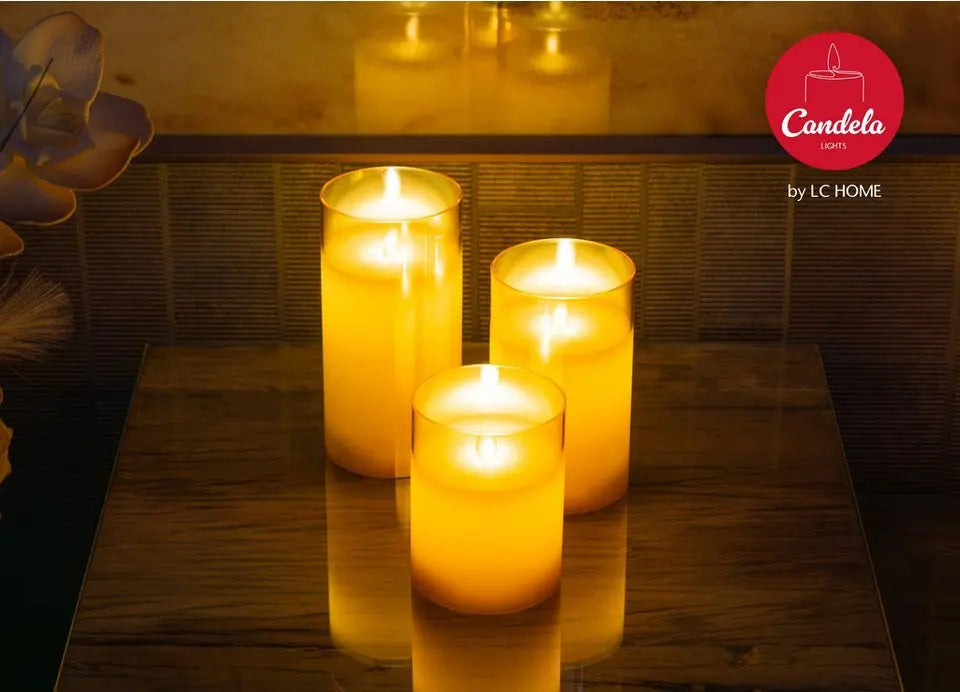 LC Home LED Kerzen Set 3er, Echtwachs mit Glas, Timer, Fernbedienung, dimmbar