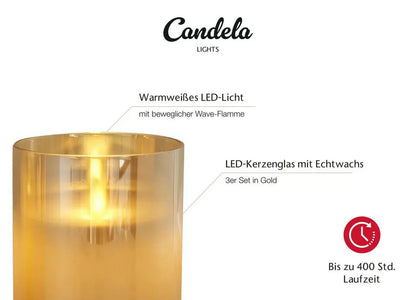 LC Home LED Kerzen Set 3er, Echtwachs mit Glas, Timer, Fernbedienung, dimmbar